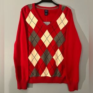 Izod Women's V-Neck Red Argyle Sweater